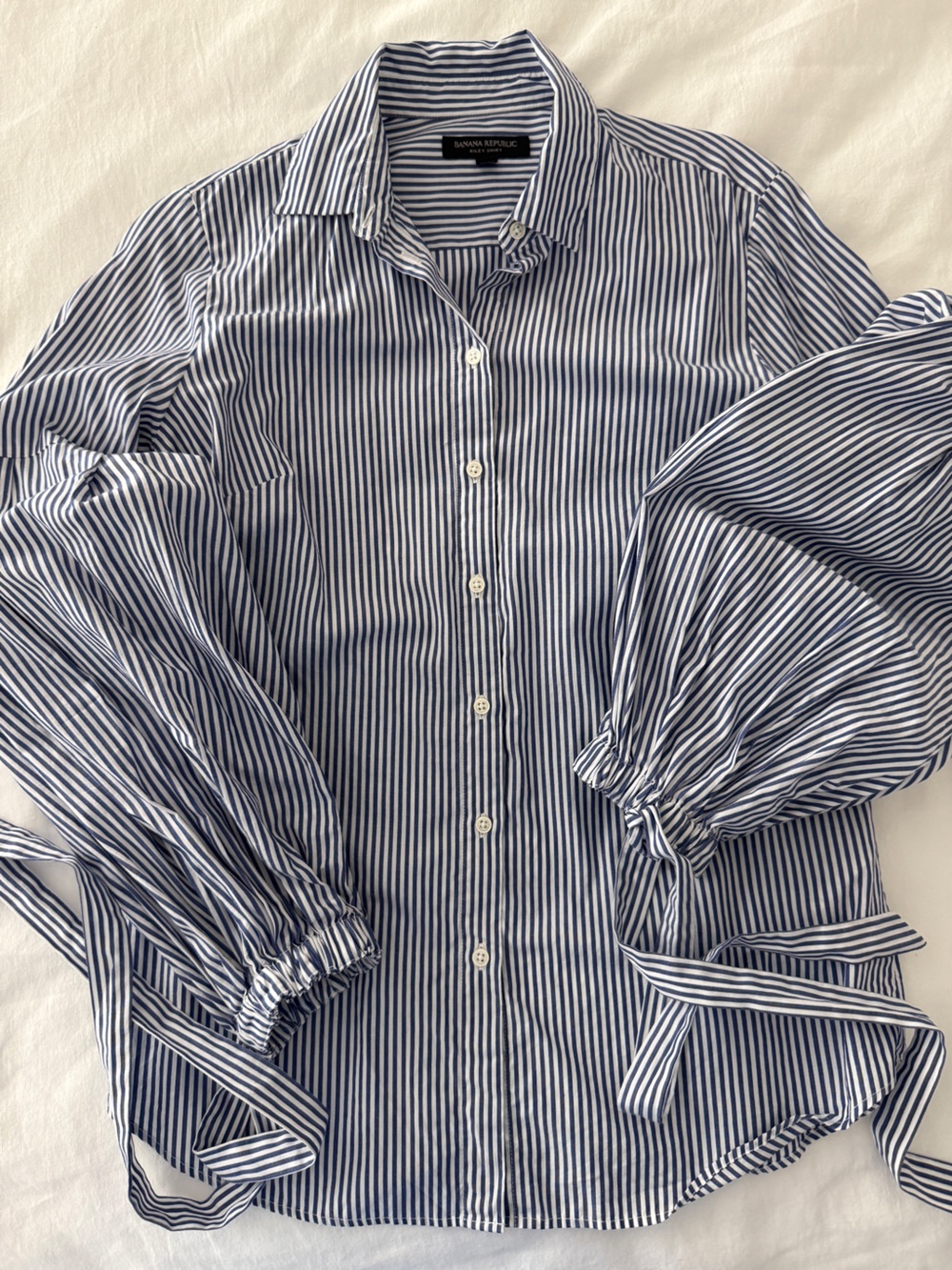 Banana Republic Navy and White Striped Button-Down Shirt